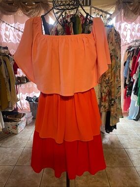 Flying Tomato Coral Two-Tone Off-Shoulder Tiered Mini Dress